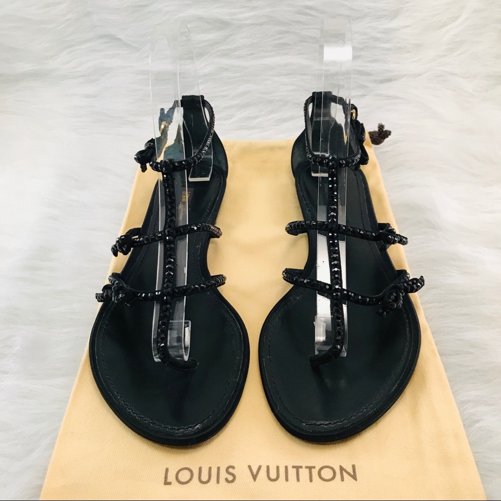 LOUIS VUITTON Suede & Crystal Bow Sandals Black